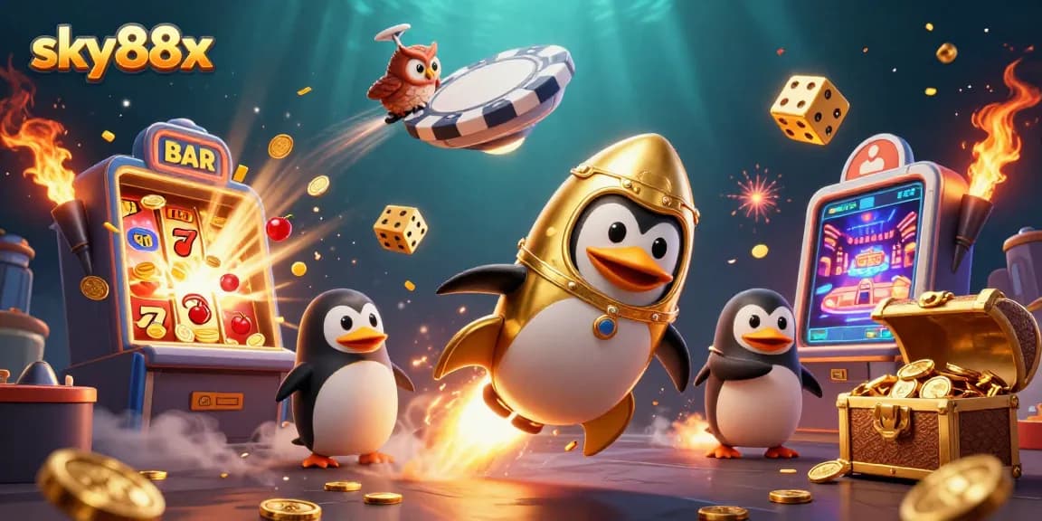 Experience thrilling gameplay in sky88x with a dynamic 3D illustration showcasing a golden penguin and casino excitement.