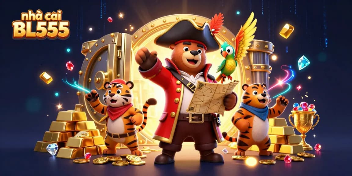 Engaging illustration of nhà cái BL555 featuring a pirate bear, a fierce tiger, and a treasure map amidst vibrant casino elements.