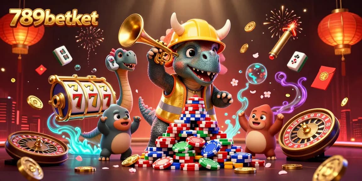 Experience the excitement of 789betket with a joyful 3D casino scene featuring poker chips and slot reels.