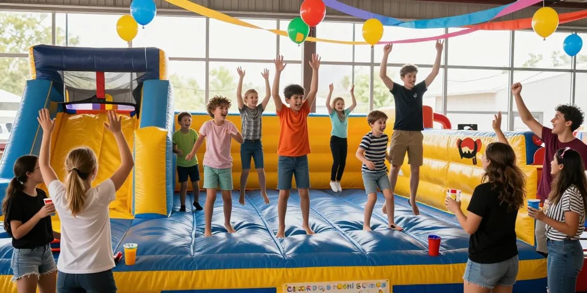Exciting bounce house party at https://123b.party/ with kids jumping joyfully in colorful inflatables.