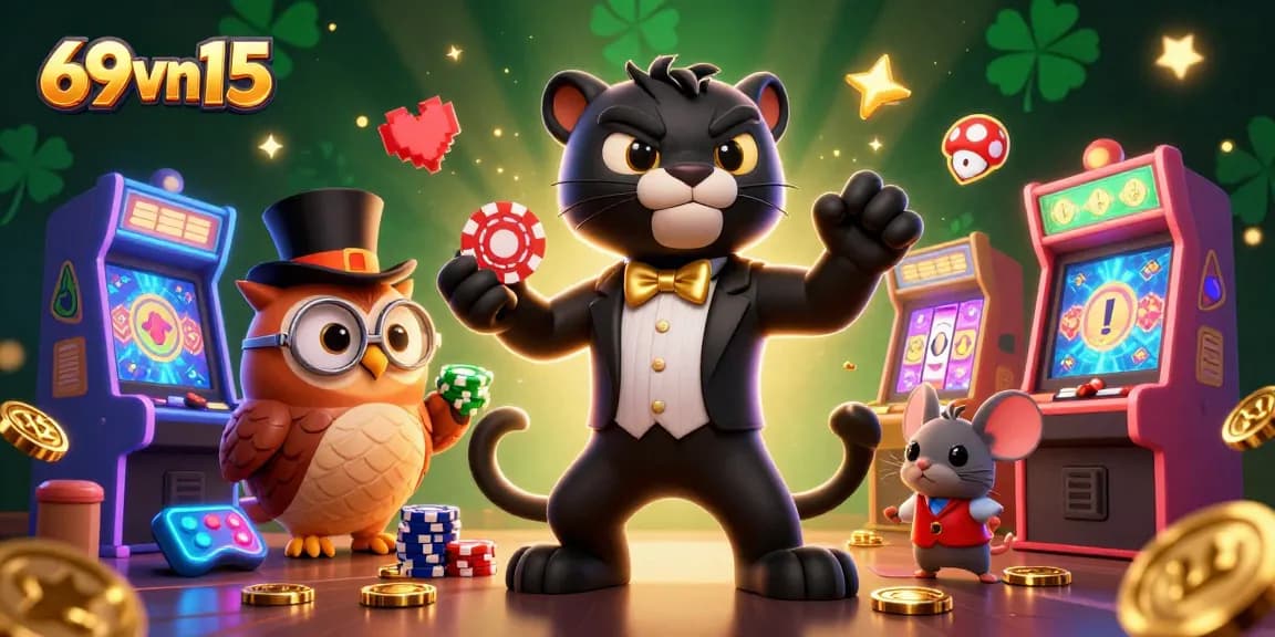 Engage with 69vn15 as a stylish panther deals slot reels in a vibrant casino scene.