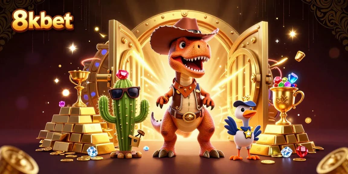 Spin the reels with excitement at 8xbet's vibrant casino scene featuring animated characters and treasures.