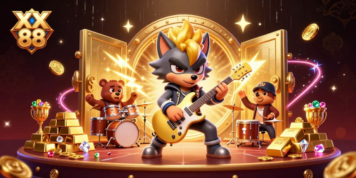 Experience the thrill of XX 88 with a dynamic casino scene featuring a rock star wolf and drummer bear.