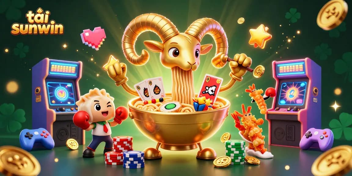 Tải sunwin action with a giant ramen bowl dealer, vibrant 3D casino elements and colorful game surroundings.