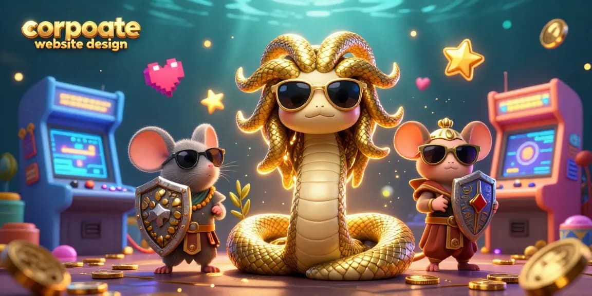 Engage with elite corporate website design for casinos, showcasing colorful gaming elements around Medusa and a warrior mouse.