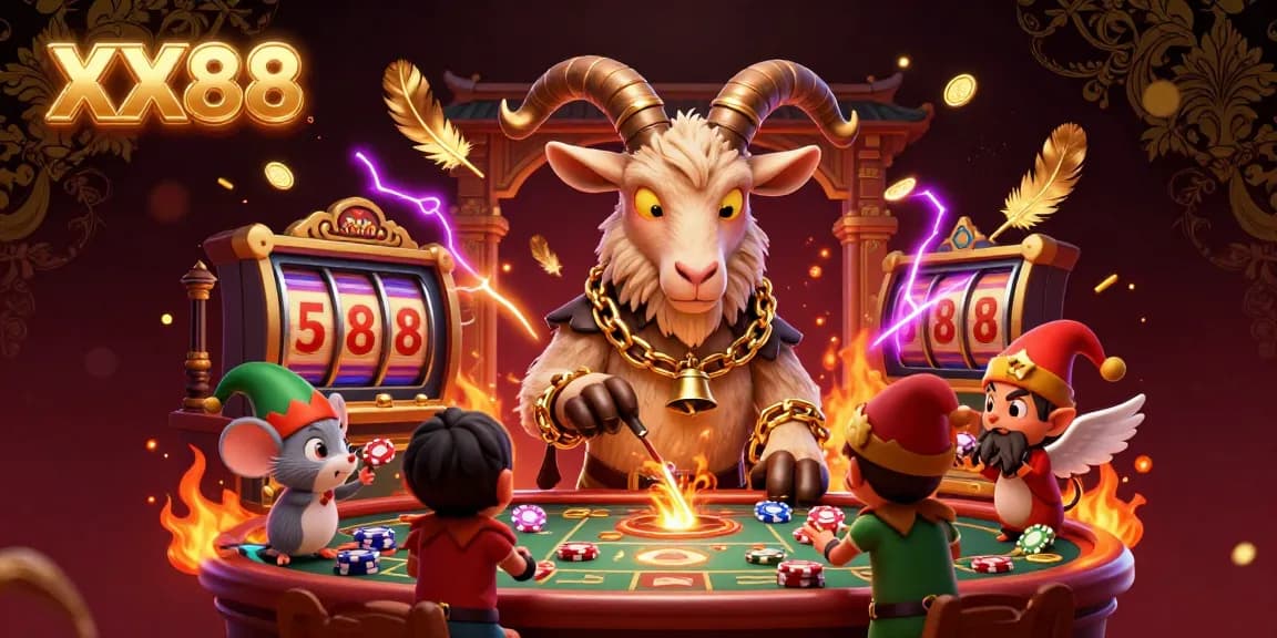 Engage in thrilling gameplay at XX88 with a festive casino scene featuring a Krampus goat, angel mouse, and elf gremlins.