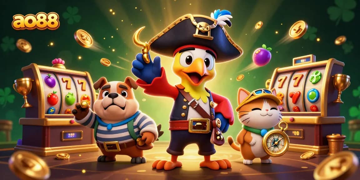 Engage at ao88 with vibrant slot reels and lucky symbols flying around, featuring dynamic pirate characters.