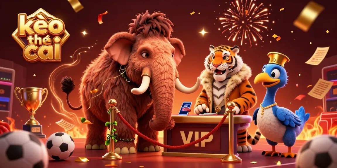 Experience kèo nhà cái with colorful illustrations of a mammoth bouncer, saber-tooth VIP, and dodo doorman in a dynamic casino scene.
