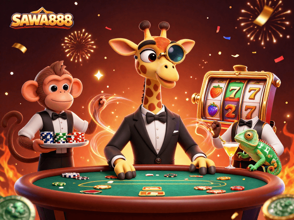Experience the excitement of SAWA888 with vibrant, engaging casino characters and elements in action.