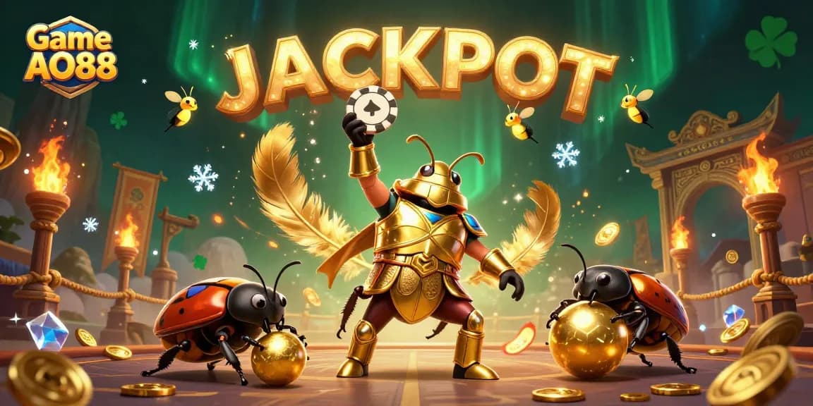 Experience Game AO88 excitement with a triumphant beetle, golden coins, and vivid jackpot visuals.