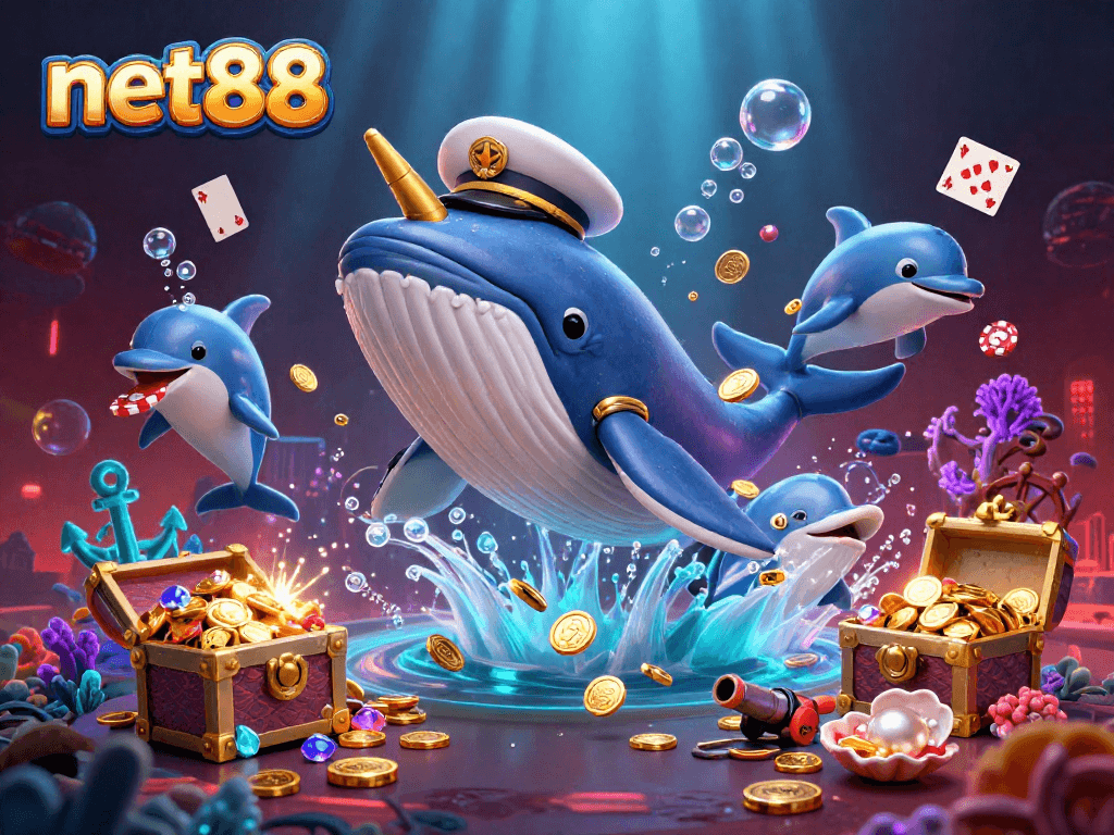 Experience thrilling action with net88 as playful dolphins, a giant whale, and a narwhal enhance the underwater casino adventure.
