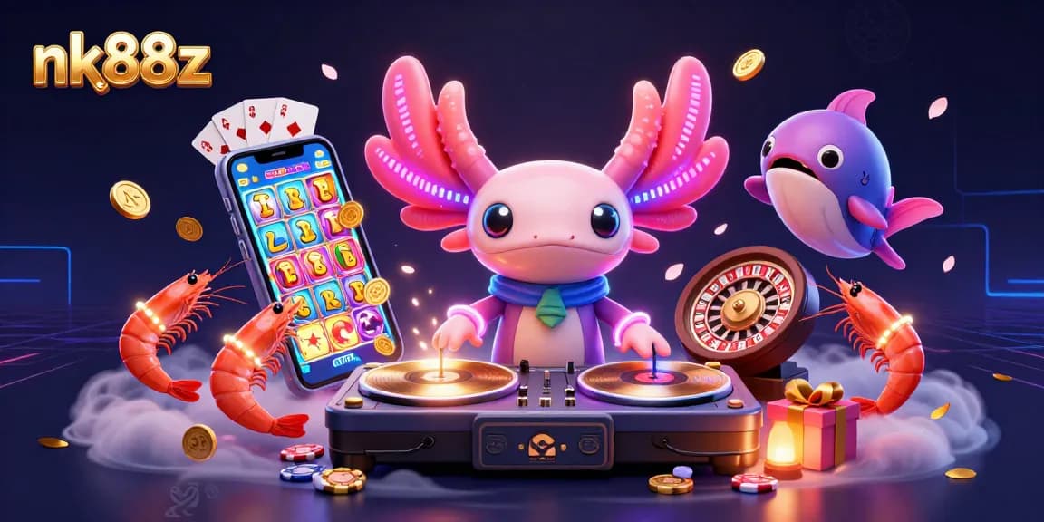 Engage with nk88z's vibrant casino environment featuring a lively DJ and game elements.