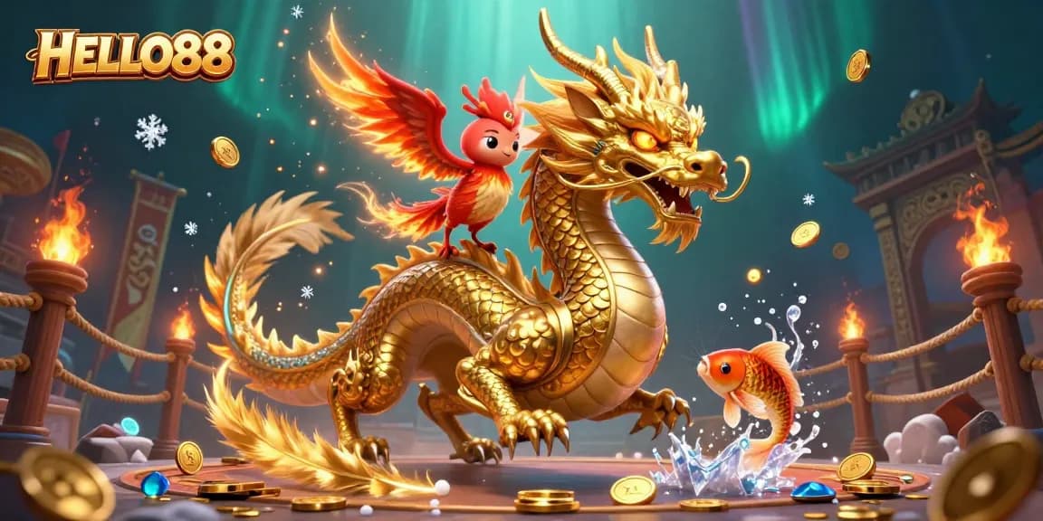 Experience thrilling gaming at HELLO88 with vibrant dragon, phoenix, and koi amidst casino excitement.
