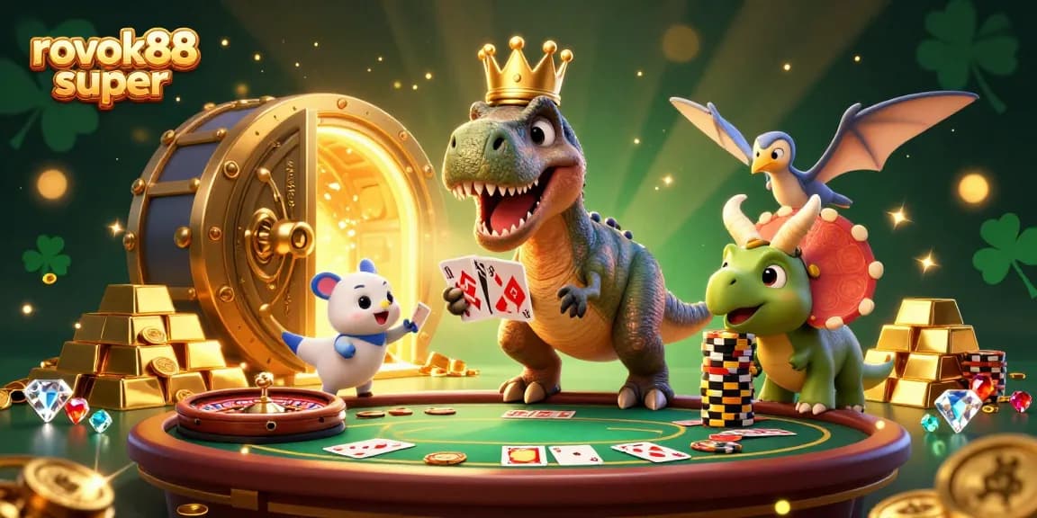 See the fun rokok88 super characters enjoying casino games while surrounded by treasure in this vibrant illustration.