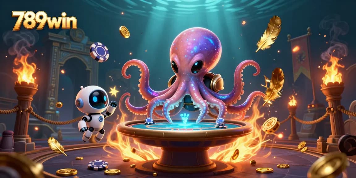 Engage with thrilling 789win poker gameplay as a cosmic octopus and robot navigate a vibrant casino scene.
