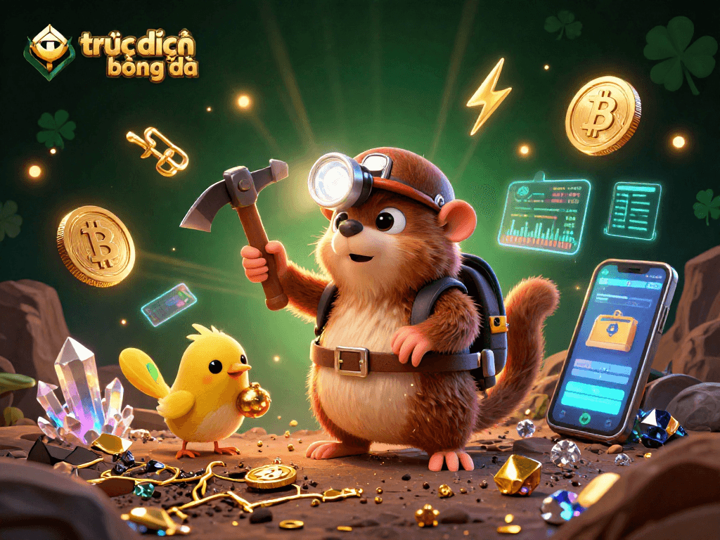 Experience trực tiếp bóng đá with vibrant 3D cartoon characters enjoying the game, surrounded by crypto elements.