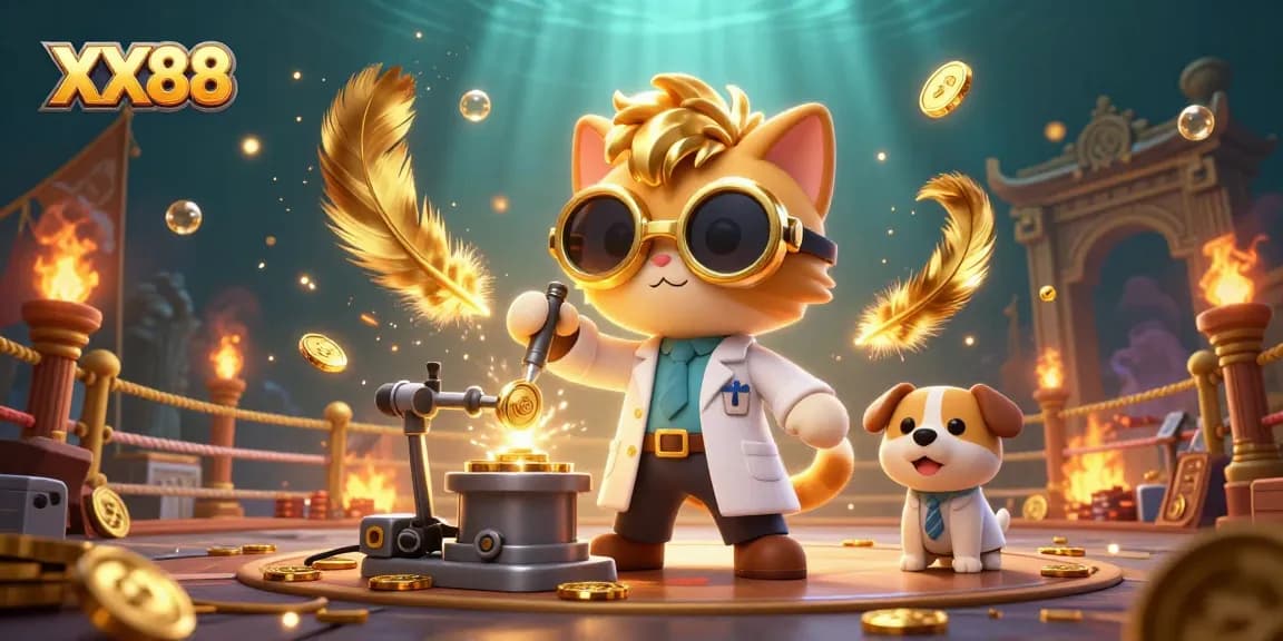 Engage with thrilling gaming at XX88 featuring a mad scientist cat and vibrant casino elements.