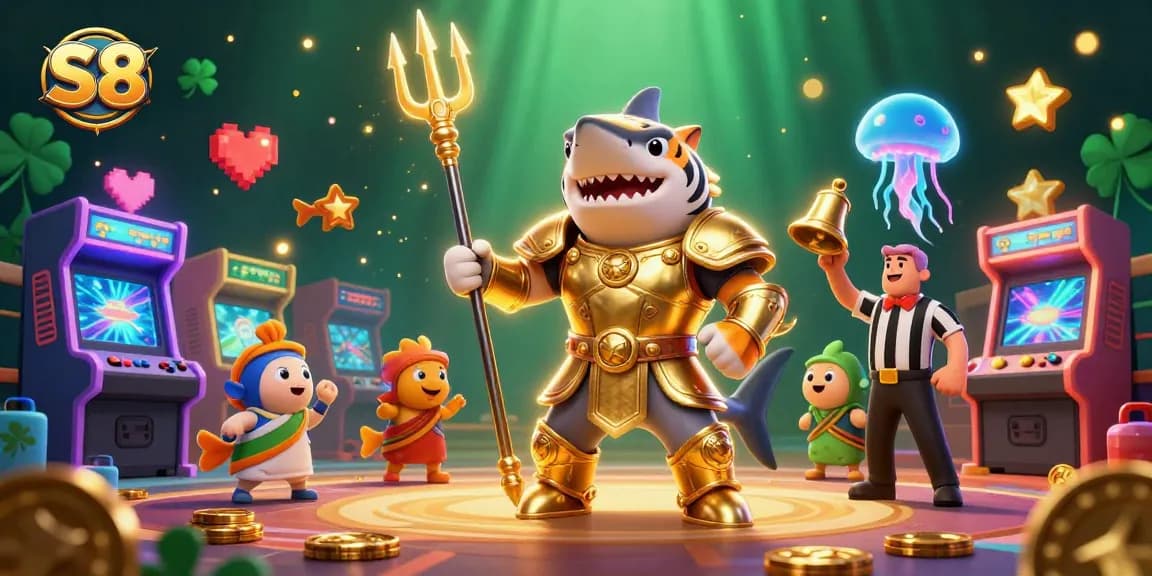 S8 captivates players with a dynamic 3D scene featuring a shark gladiator in an underwater colosseum.