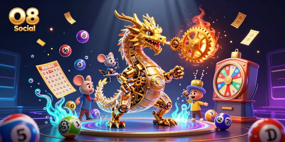 Engage in thrilling gameplay with O8 Social's vibrant lottery elements and a dynamic golden dragon.