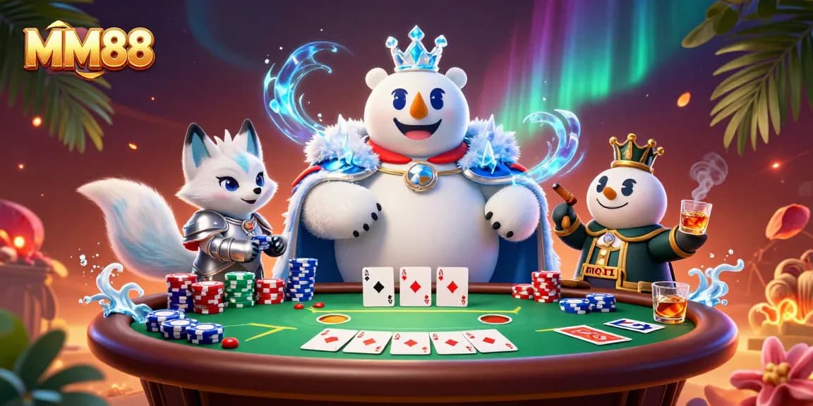 Engage with thrilling MM88 casino action featuring a regal polar bear and armored fox amidst poker chips.