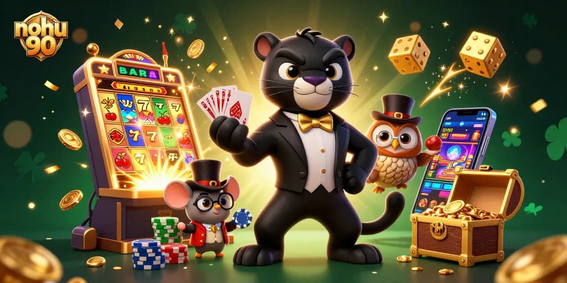Nohu 90 showcases a stylish cartoon black panther dealing cards, surrounded by a jackpot explosion and vibrant casino elements.