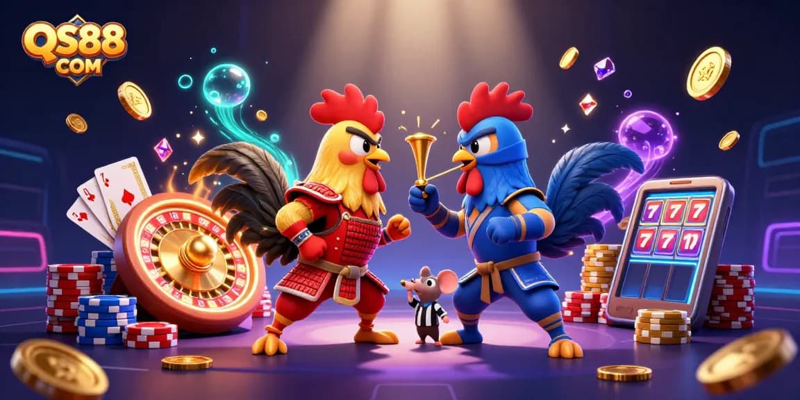 Engage in thrilling action with QS88 COM as roosters face off amidst casino elements and golden gems.