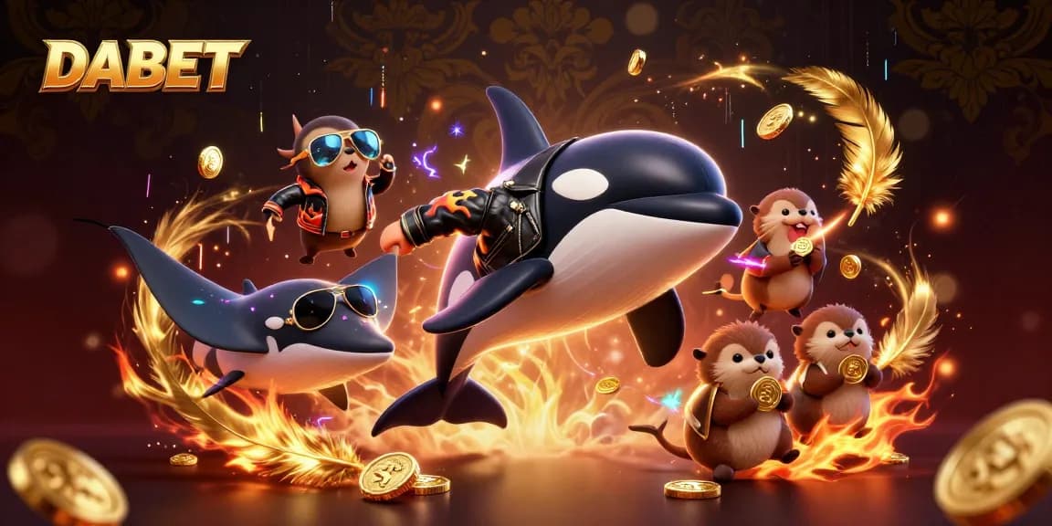 DABET showcases a vibrant gaming scene with an engaging orca whale, stingray, and sea otters, emphasizing exciting casino elements.