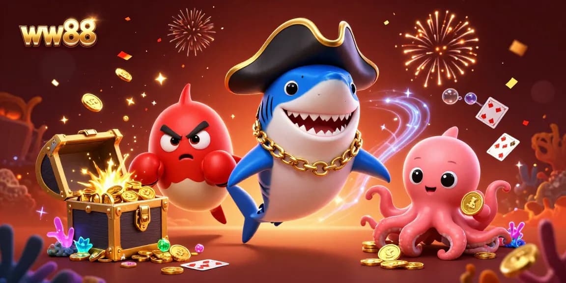 Experience thrilling action at ww88 with a 3D pirate shark and friends celebrating treasures.