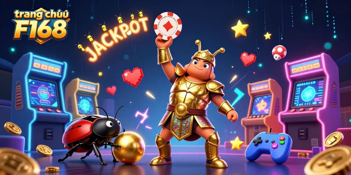Experience the excitement at trang chủ F168 with an illustrated jackpot scene featuring winning characters and vibrant game elements.