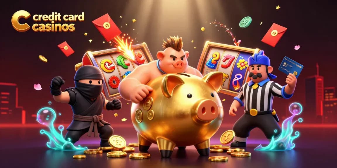 Experience excitement at credit card casinos with vibrant characters, dynamic gameplay, and vibrant casino elements.