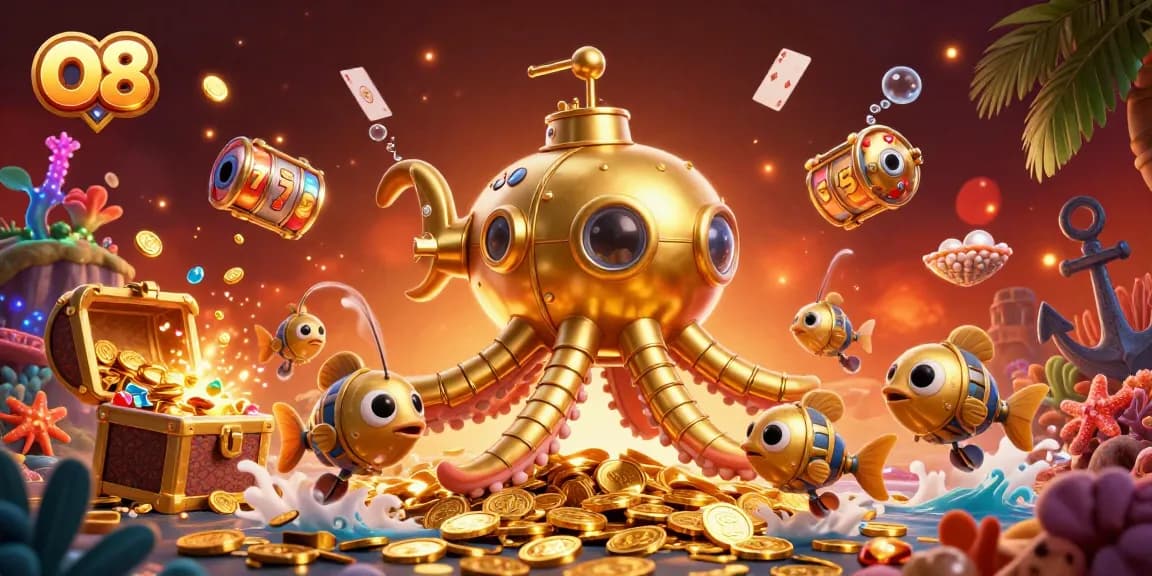 Engage with O8's thrilling gaming adventures featuring a submarine among golden coins and slot reels.