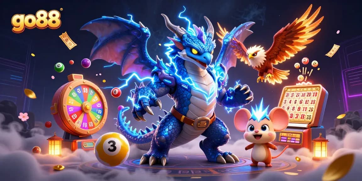 Engage in thrilling gameplay with go88, featuring animated dragons, vibrant lottery elements, and action-packed casino atmosphere.