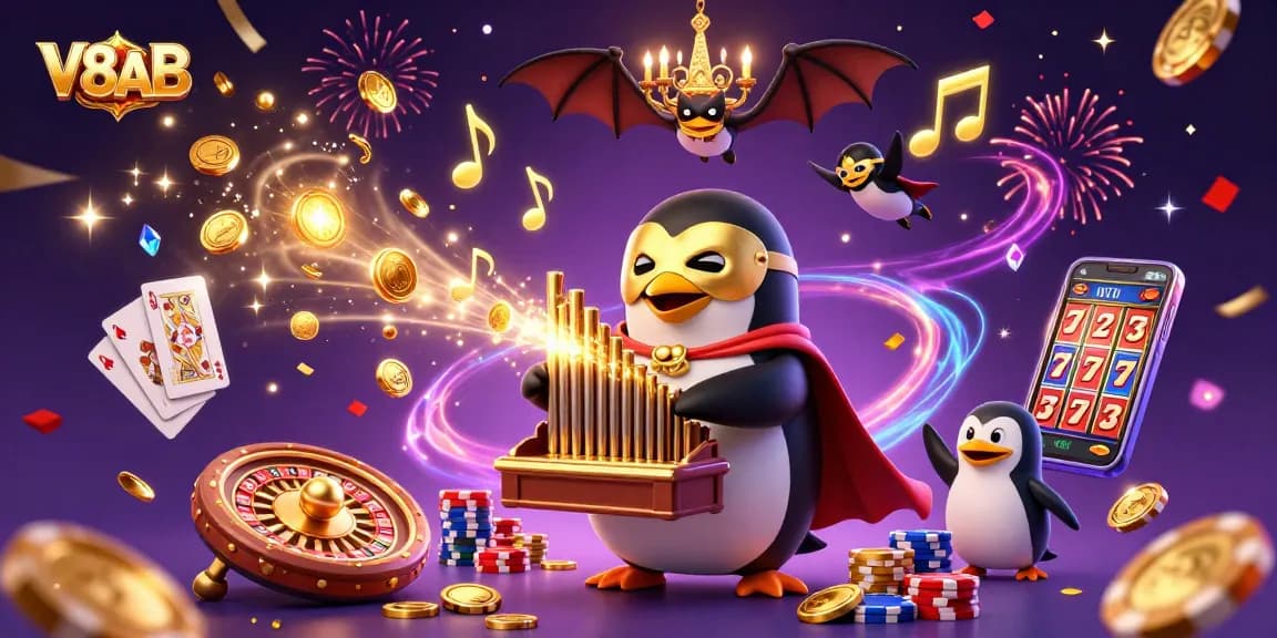 Engage with V8AB's thrilling gaming atmosphere, featuring colorful casino elements and characters.
