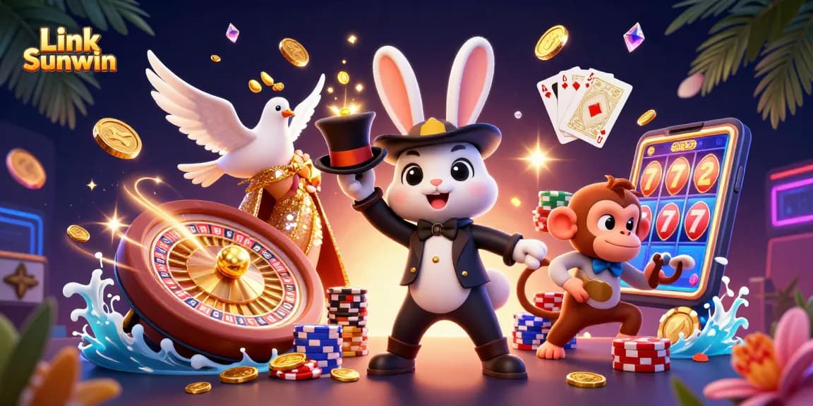Experience the thrill of playing with Link Sunwin in a vibrant 3D casino scene featuring whimsical characters and exciting game elements.
