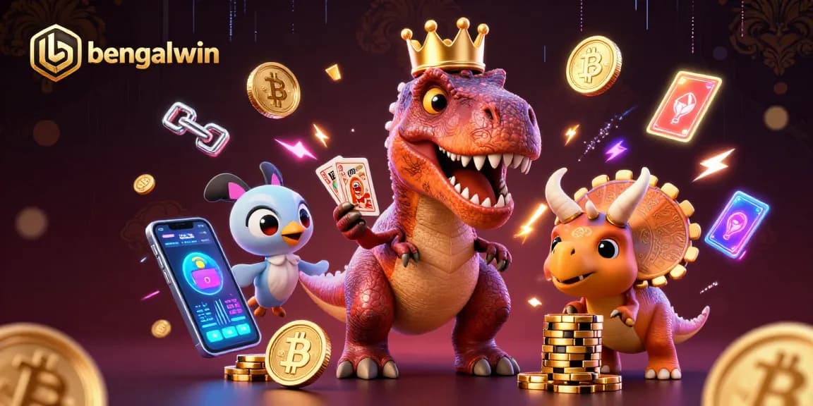 Bengalwin showcases a vibrant 3D casino scene with characters engaging in games and crypto elements.