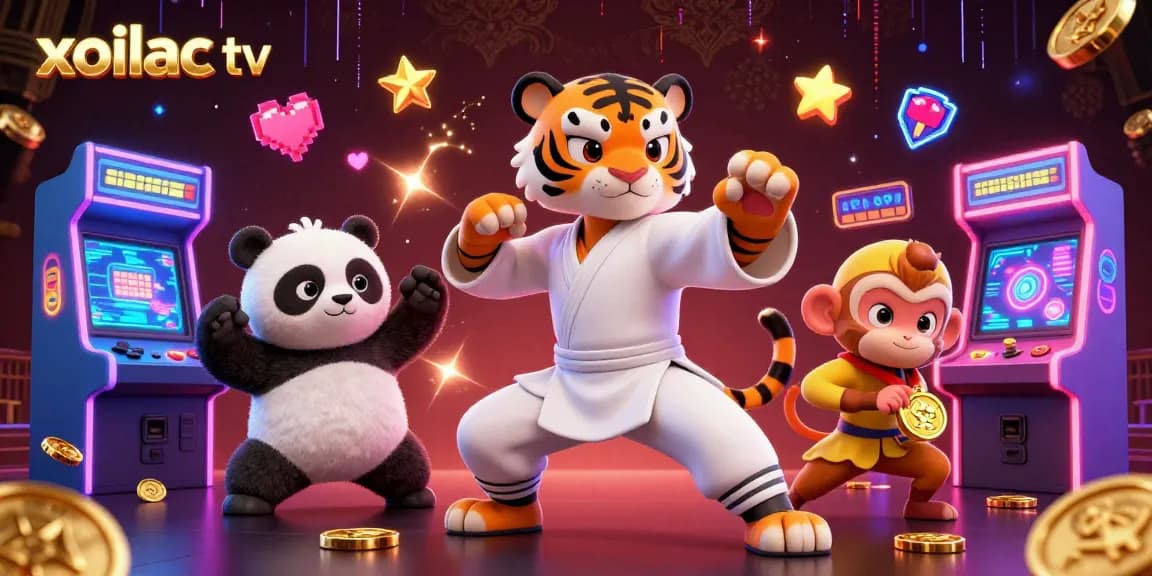 Xoilac TV showcases a vibrant 3D scene with a kung fu tiger and panda in playful poses amidst colorful arcade elements