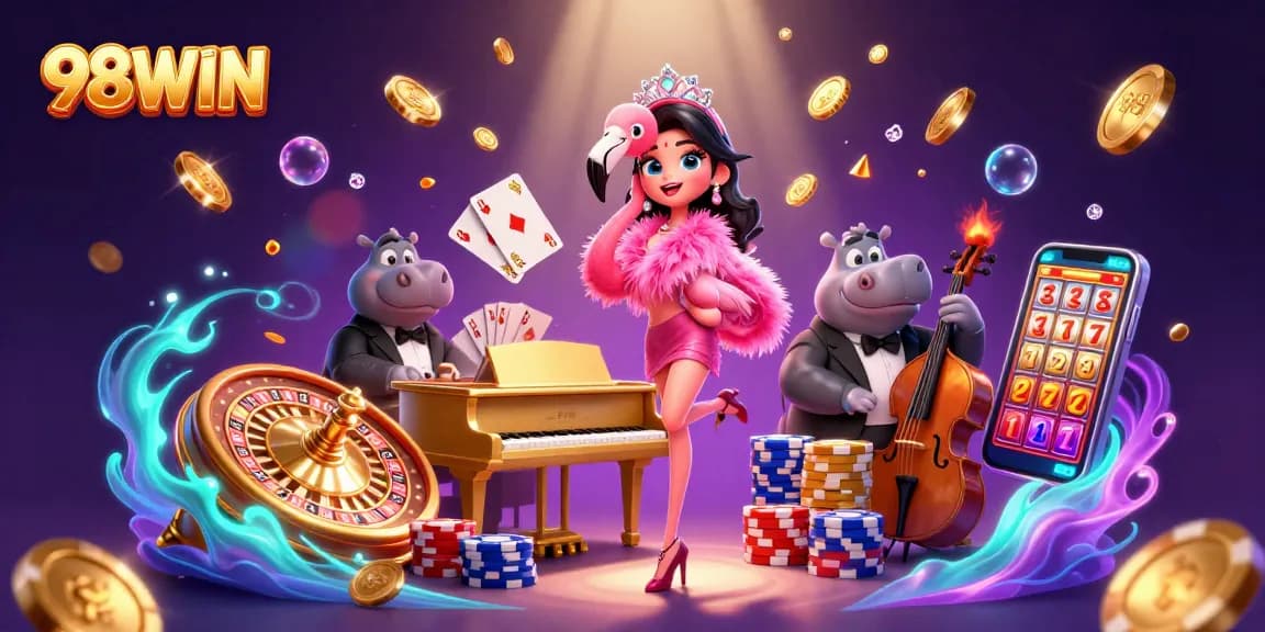 Experience the excitement of 98WIN with a vibrant casino scene featuring a flamingo singer, hippo bassist, and dynamic game elements.