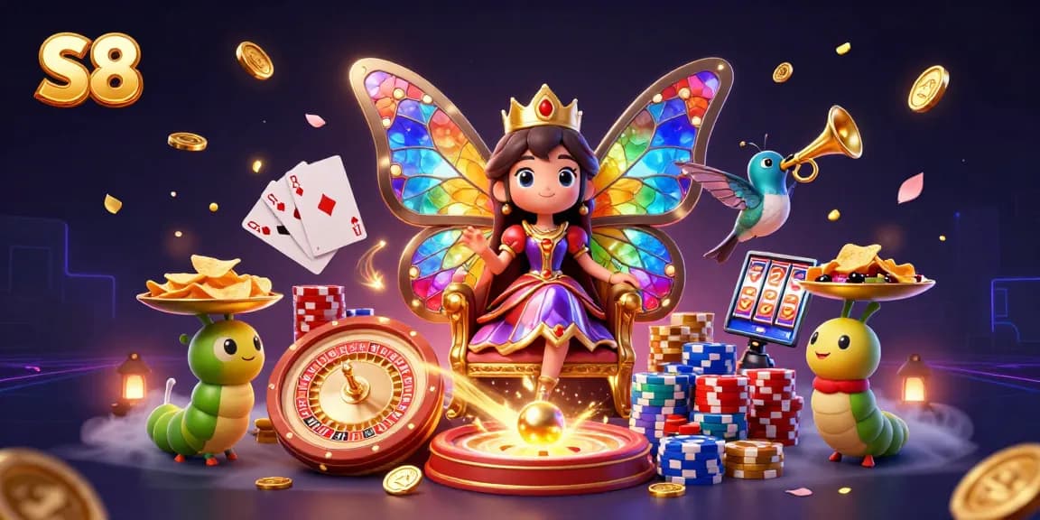 Experience the vibrant S8 butterfly queen in a dazzling casino world filled with games and treasures.