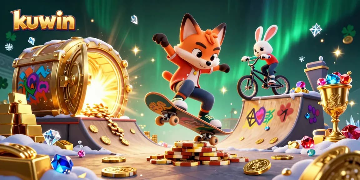 Kuwin showcases a vibrant 3D casino scene with a skateboarder fox and BMX rabbit performing tricks, surrounded by rich gambling elements.