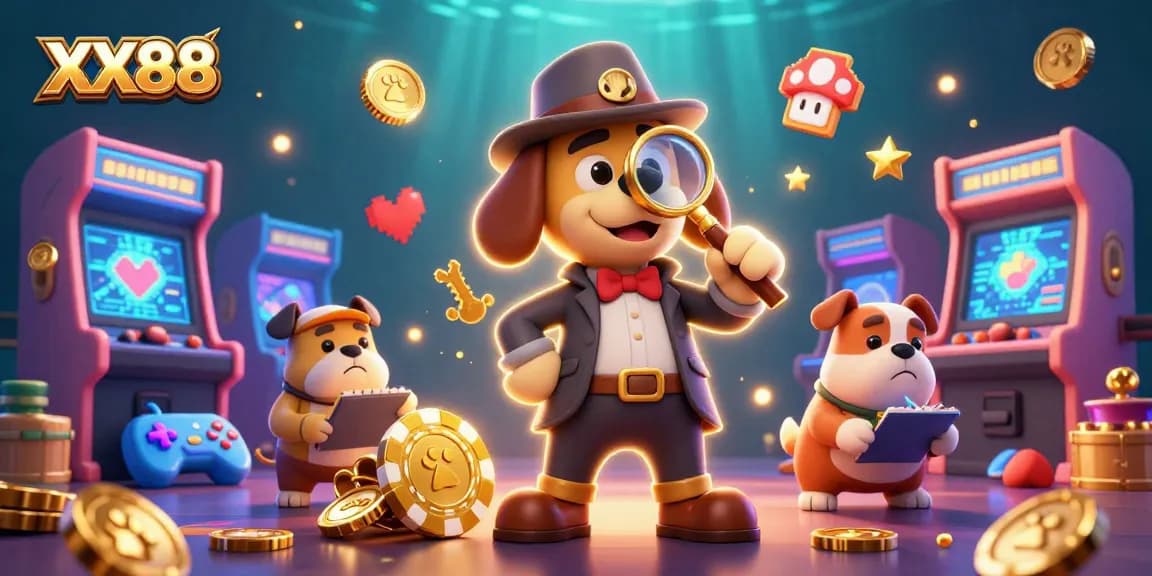 Experience exciting gaming with XX88 in this vibrant 3D casino scene showcasing detectives and clues.