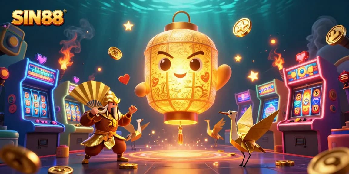 SIN88 offers online gaming excitement with a golden lantern spirit in a vibrant casino scene featuring slot reels.