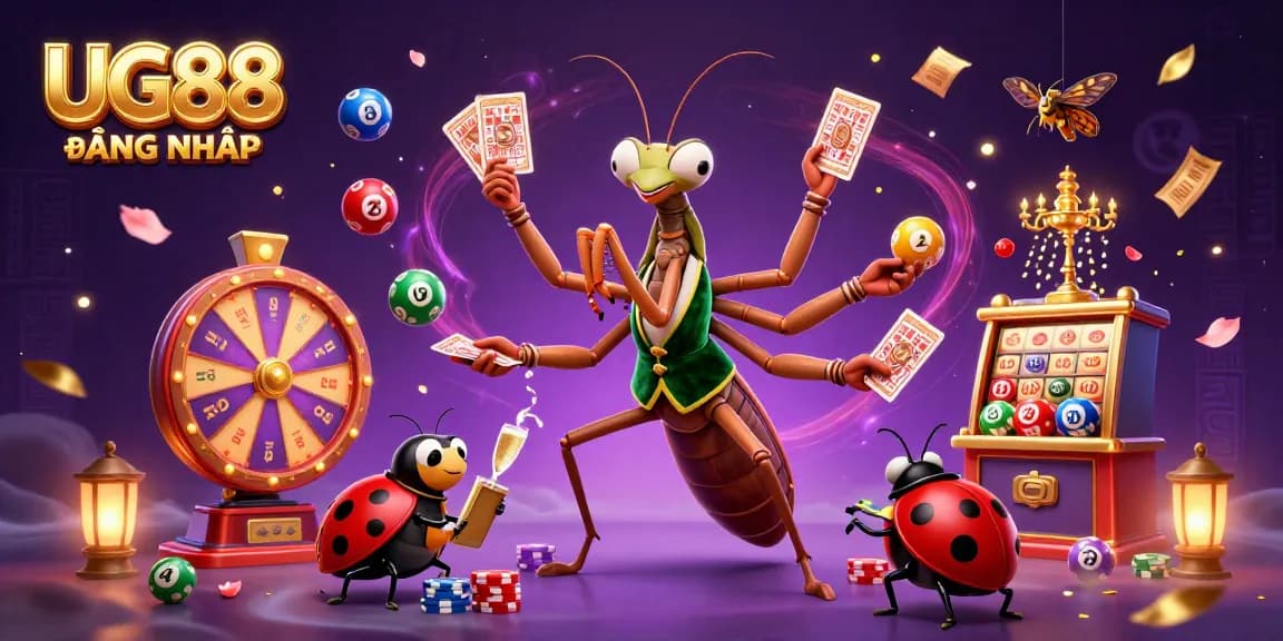 Experience excitement with UG88 ĐĂNG NHẬP as vibrant lottery balls bounce and golden tickets flutter in this lively 3D casino scene.