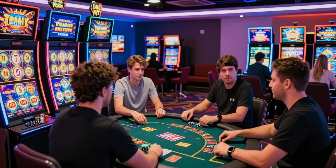 Players enjoying games at a non uk casino with vibrant atmosphere and modern design.