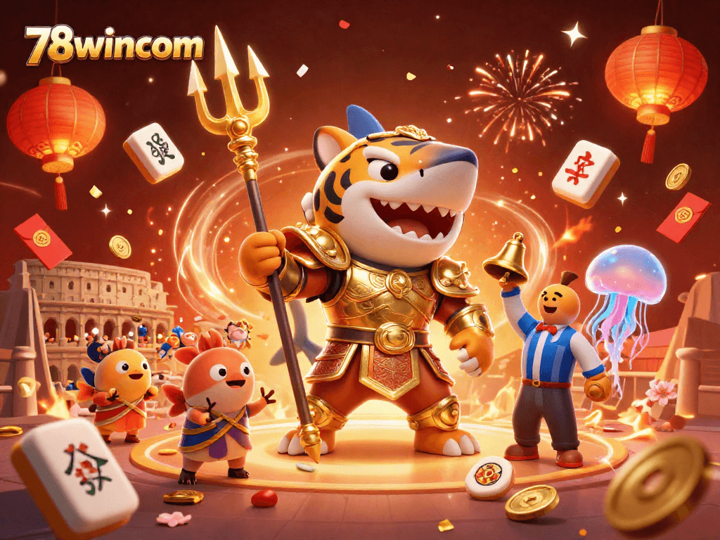 Engage with 78wincom in this vibrant casino world, led by a fierce shark champion showcasing thrilling game elements.