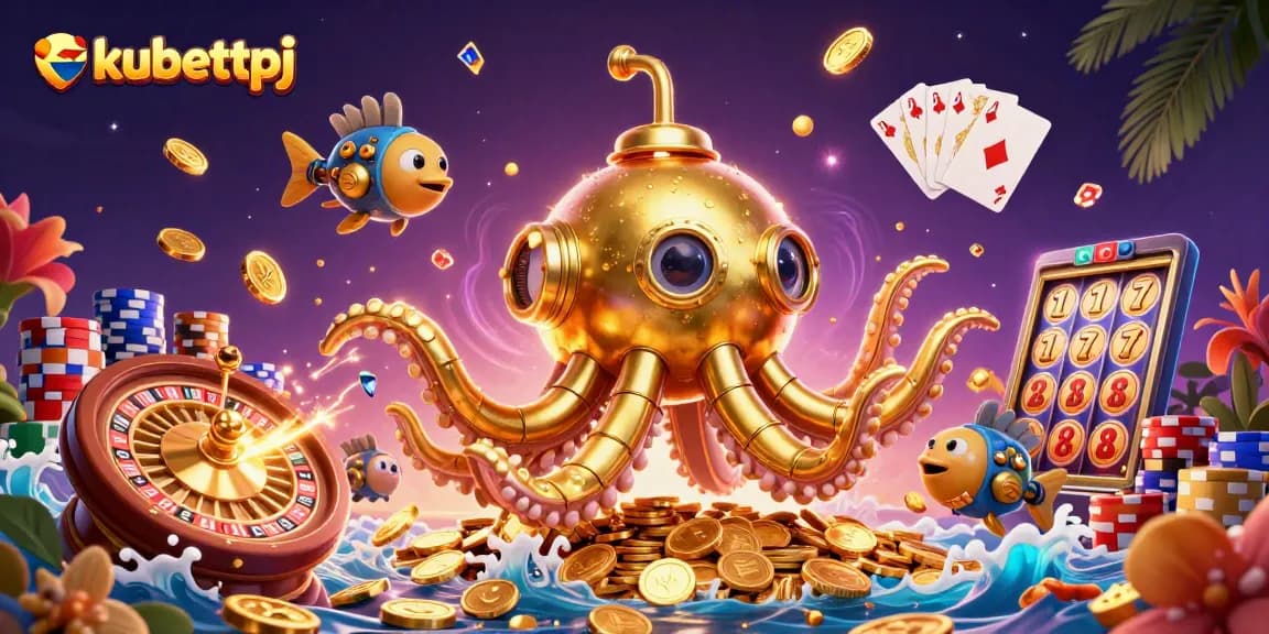 Engage with kubettpj's vibrant 3D casino scene showcasing golden kraken, wealth of coins, and game action.