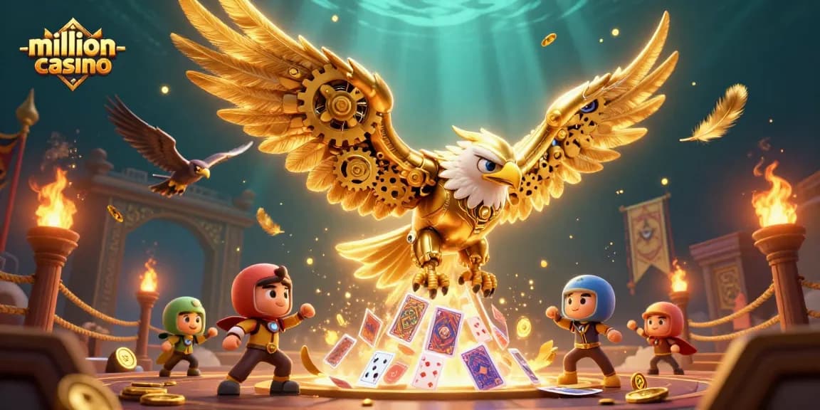 Dynamic scene of a golden eagle representing million-casino soaring through a cascade of cards and coins.