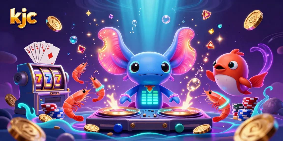 Experience the thrill of kjc with a neon-colored axolotl DJ in a vibrant underwater casino scene.