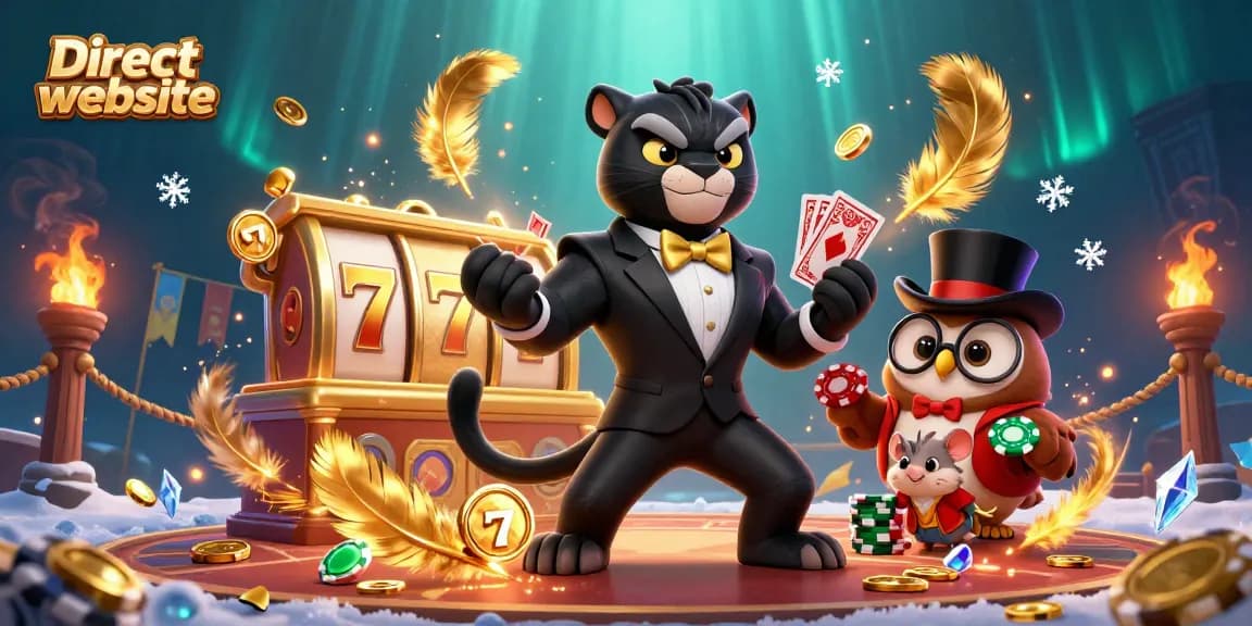 Experience the thrilling action at a Direct website casino with a stylish panther and poker owl in a vibrant setting.