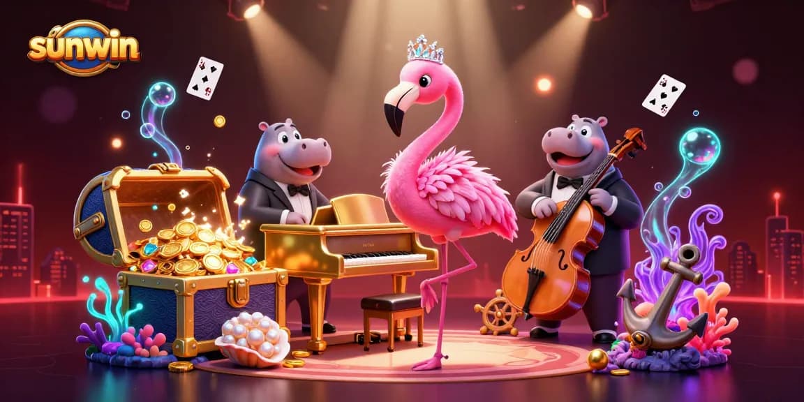 Experience sunwin gameplay magic with vibrant casino art featuring animated characters and treasures.