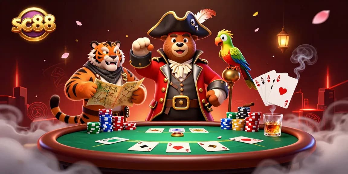Engage in thrilling gameplay with sc88, featuring a pirate captain bear and a tiger at a poker table.